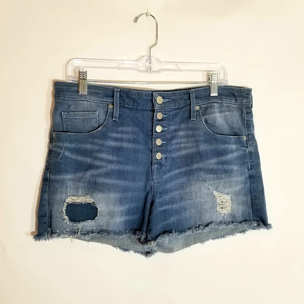 Mossimo Shorts Women's 14 High Rise Blue Denim Stretch Distressed Button Fly
